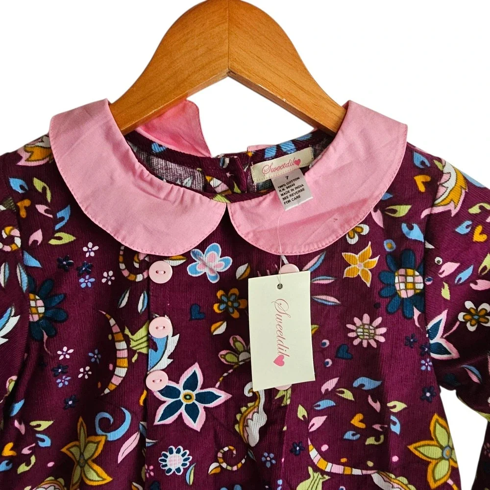 Sweetdili Floral Print Dress Peter Pan Collar Long Sleeve Kids‎ Size 7